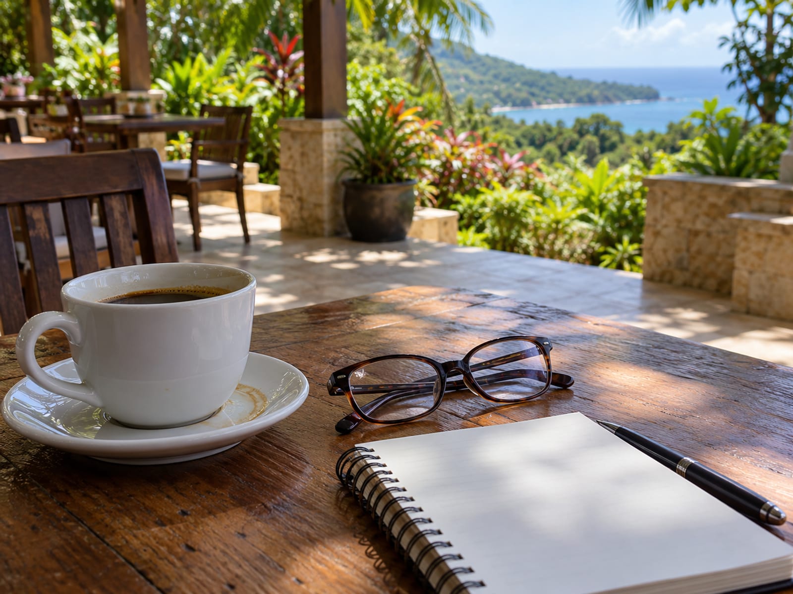 Shaded terrace table with a coffee cup, reading glasses and a blank notepad above a garden