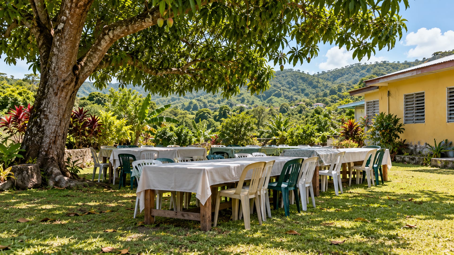 Long wooden tables and plastic chairs set in rows under a large mango tree in a green yard, empty, with a hillside behind