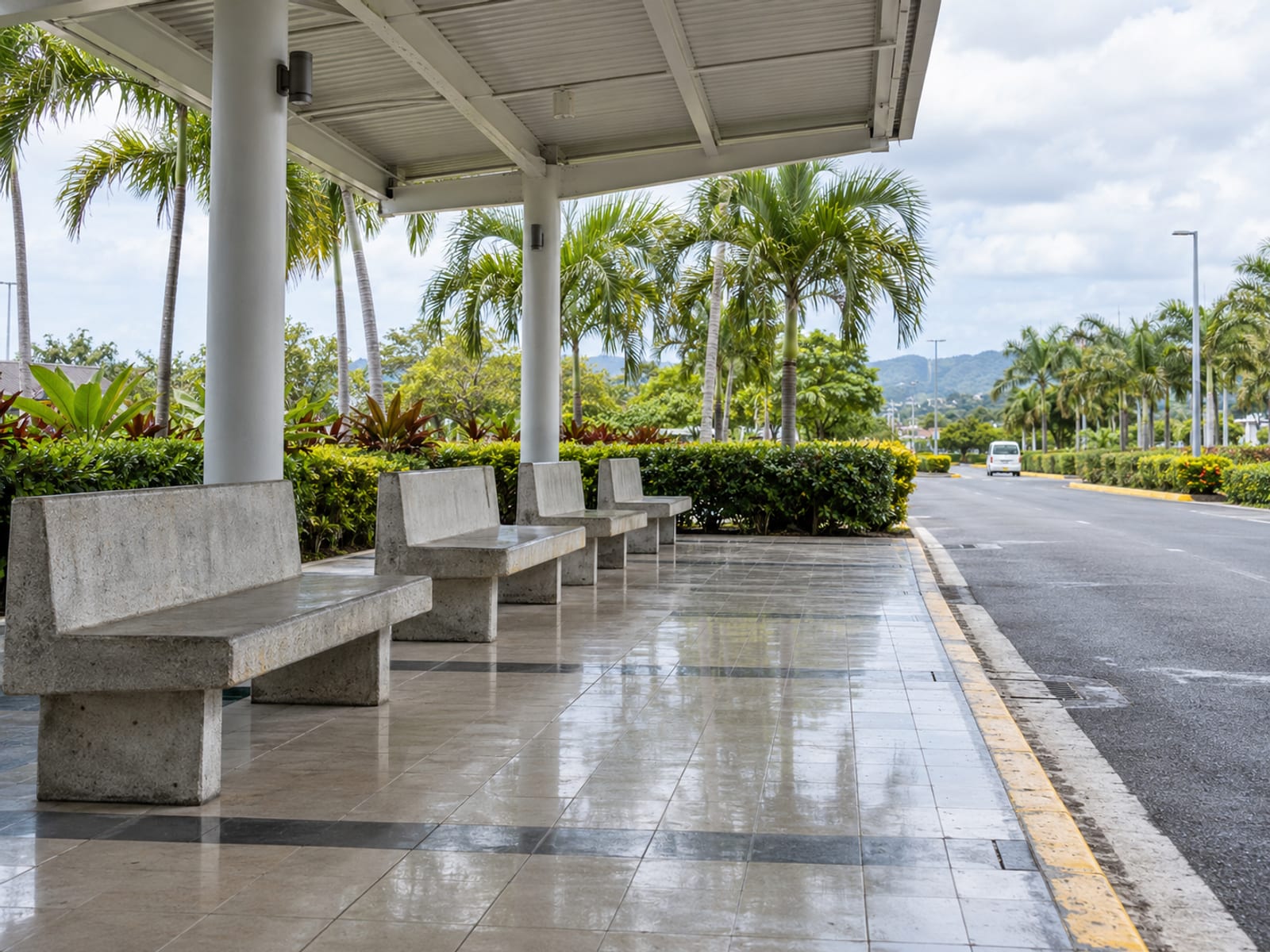 Empty covered waiting area with plain benches and palm trees beside a quiet airport road, no signs