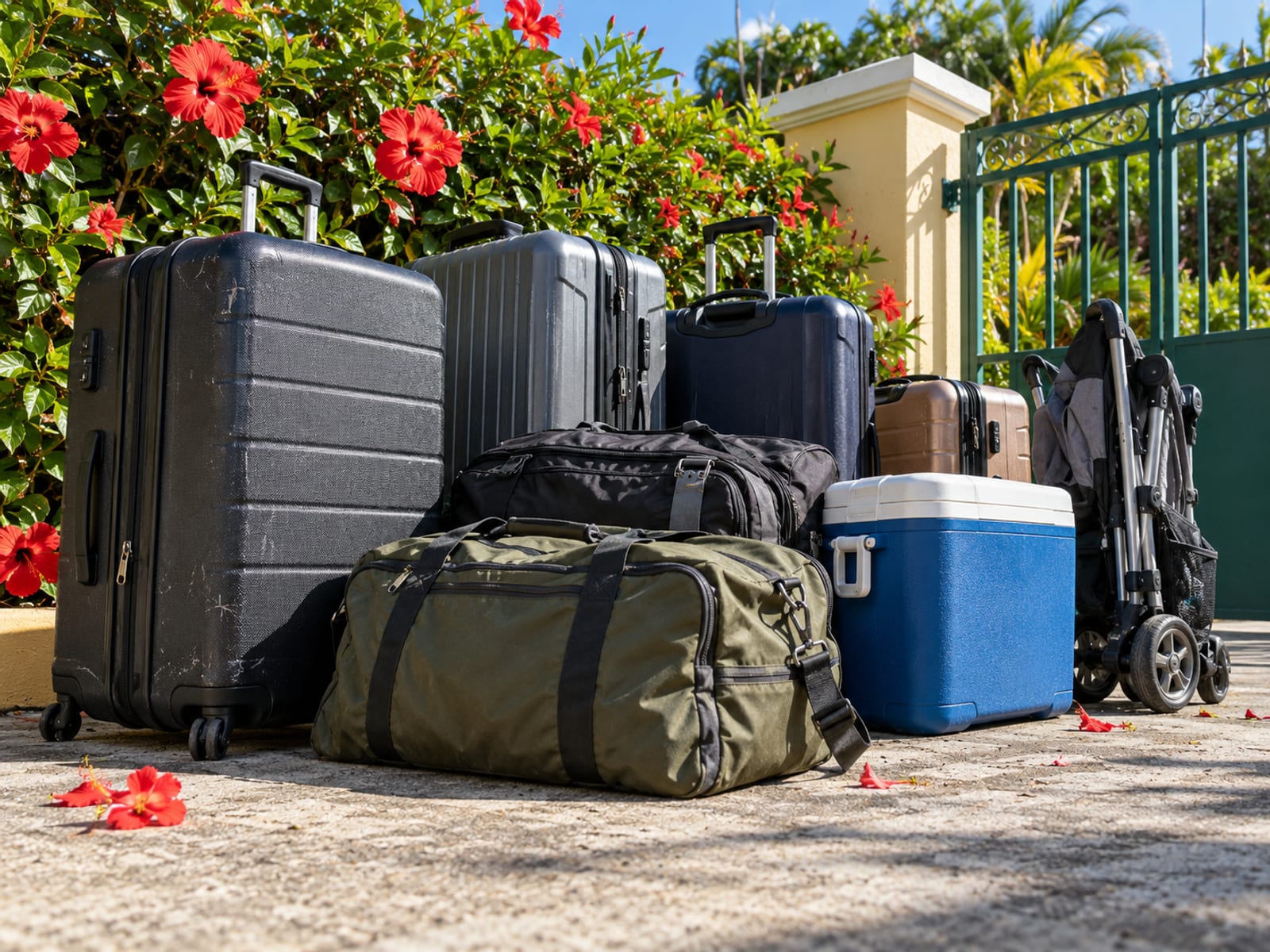Suitcases, duffel bags and a cooler stacked beside a gate on a concrete driveway with a hibiscus hedge behind