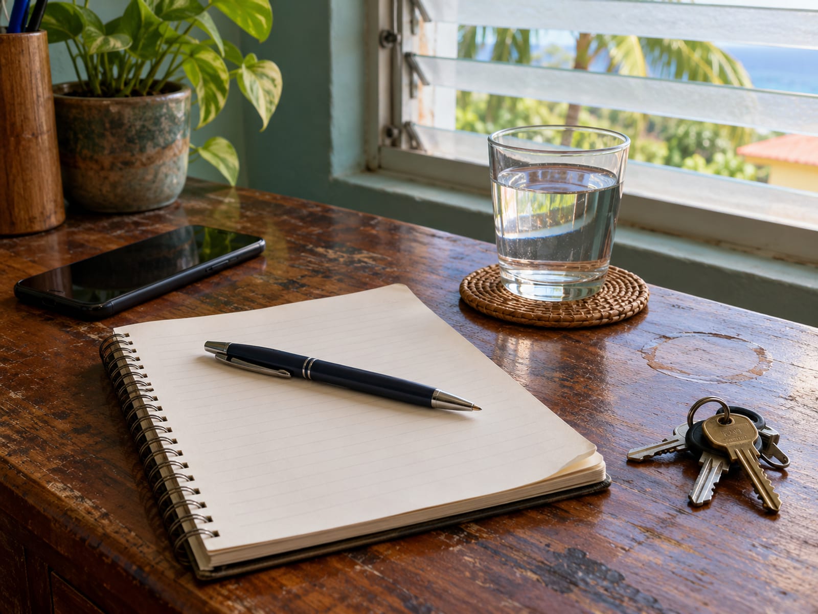 Wooden desk by a window with a blank notepad, pen, a phone face down and a ring of keys on it