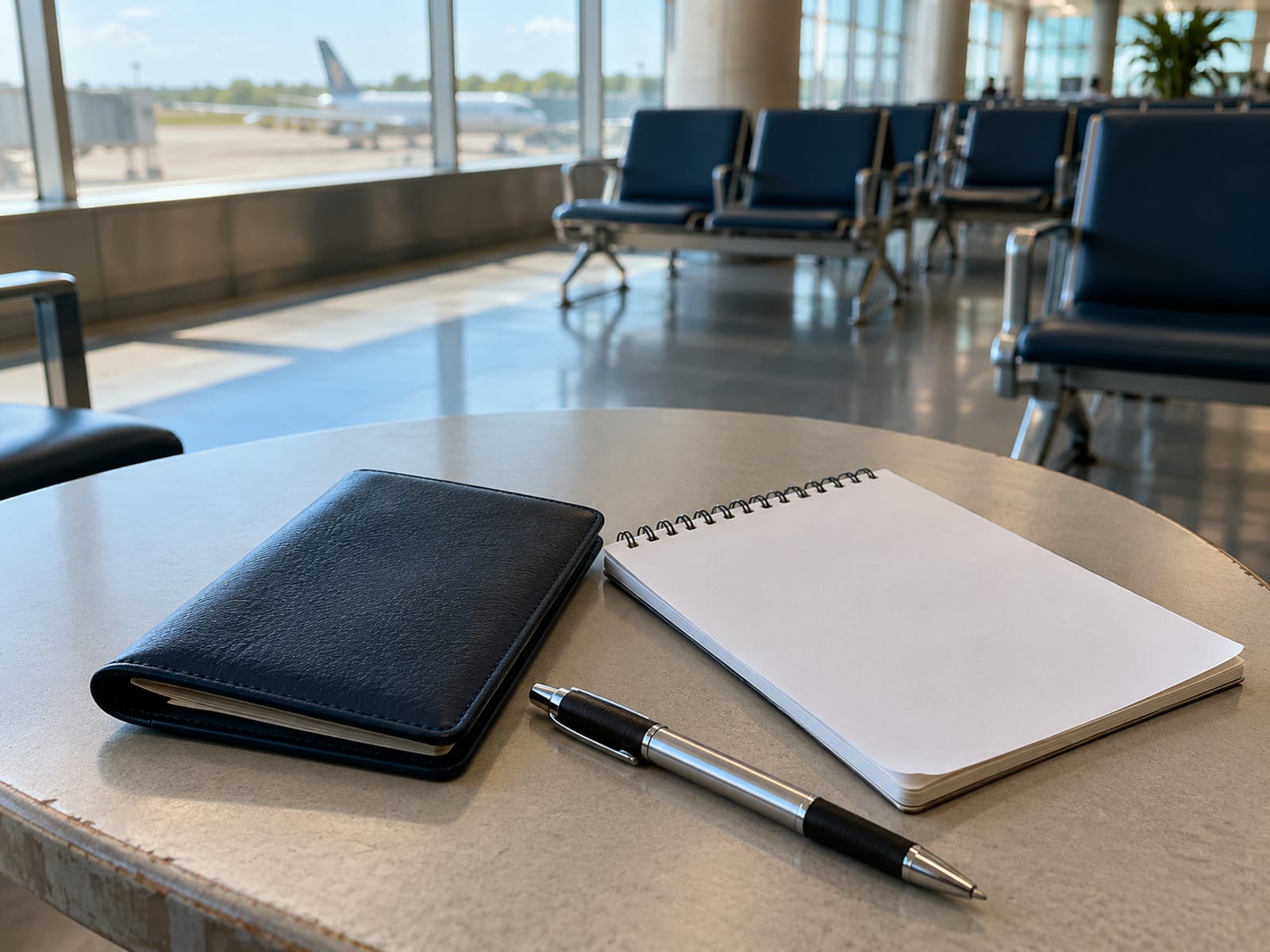 Closed passport wallet, a pen and a blank notepad on a small lounge table beside a window