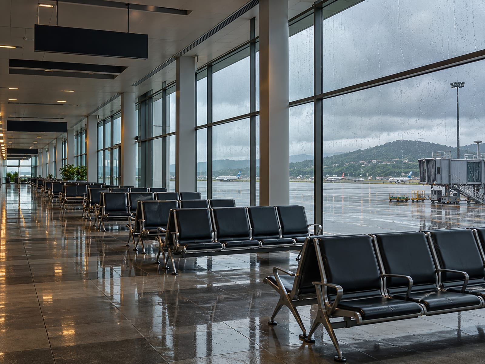 Long airport concourse with rows of empty seats and tall windows onto a wet apron under grey sky