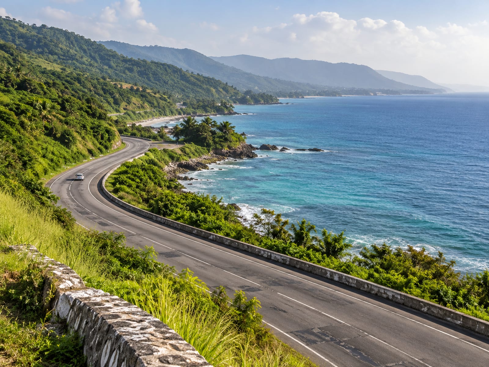 Distant view of a curving coastal highway with hills, sea and one small plain car far off