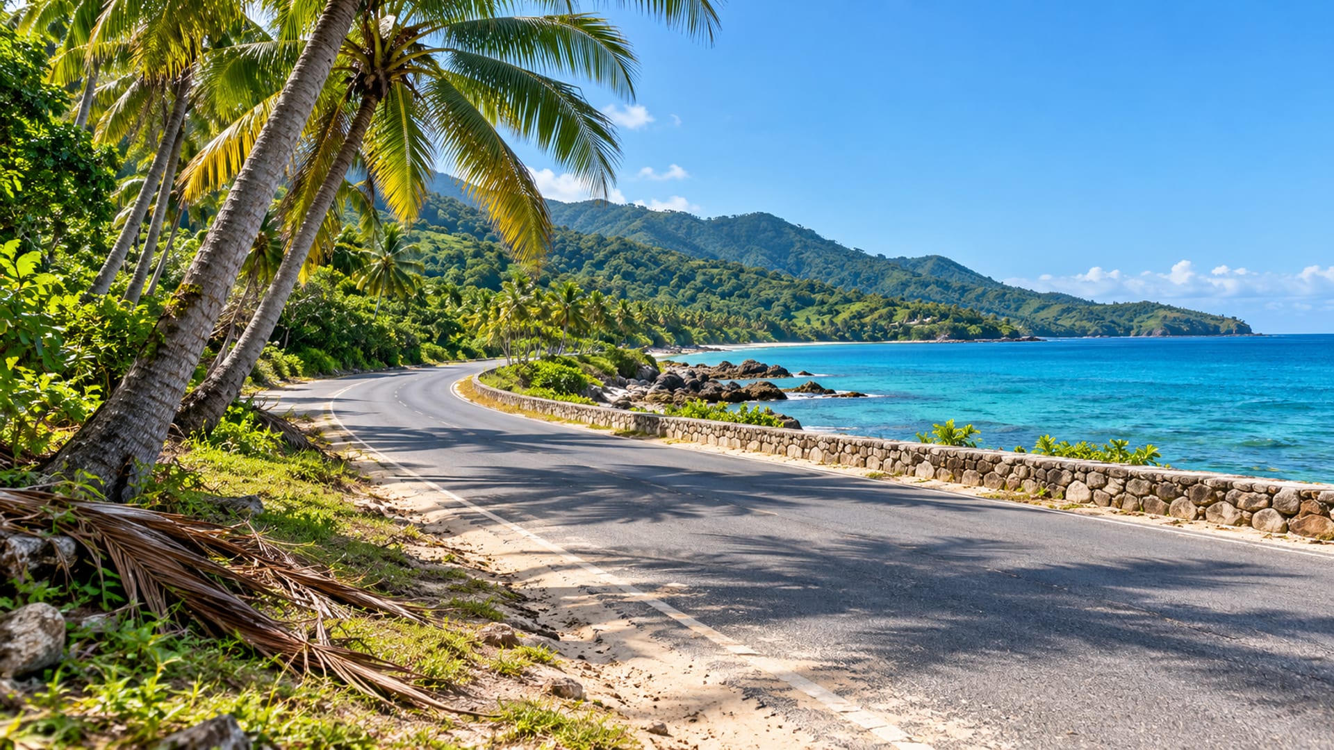Empty coastal road beside a calm turquoise sea with palms and green hills, no vehicles in the frame