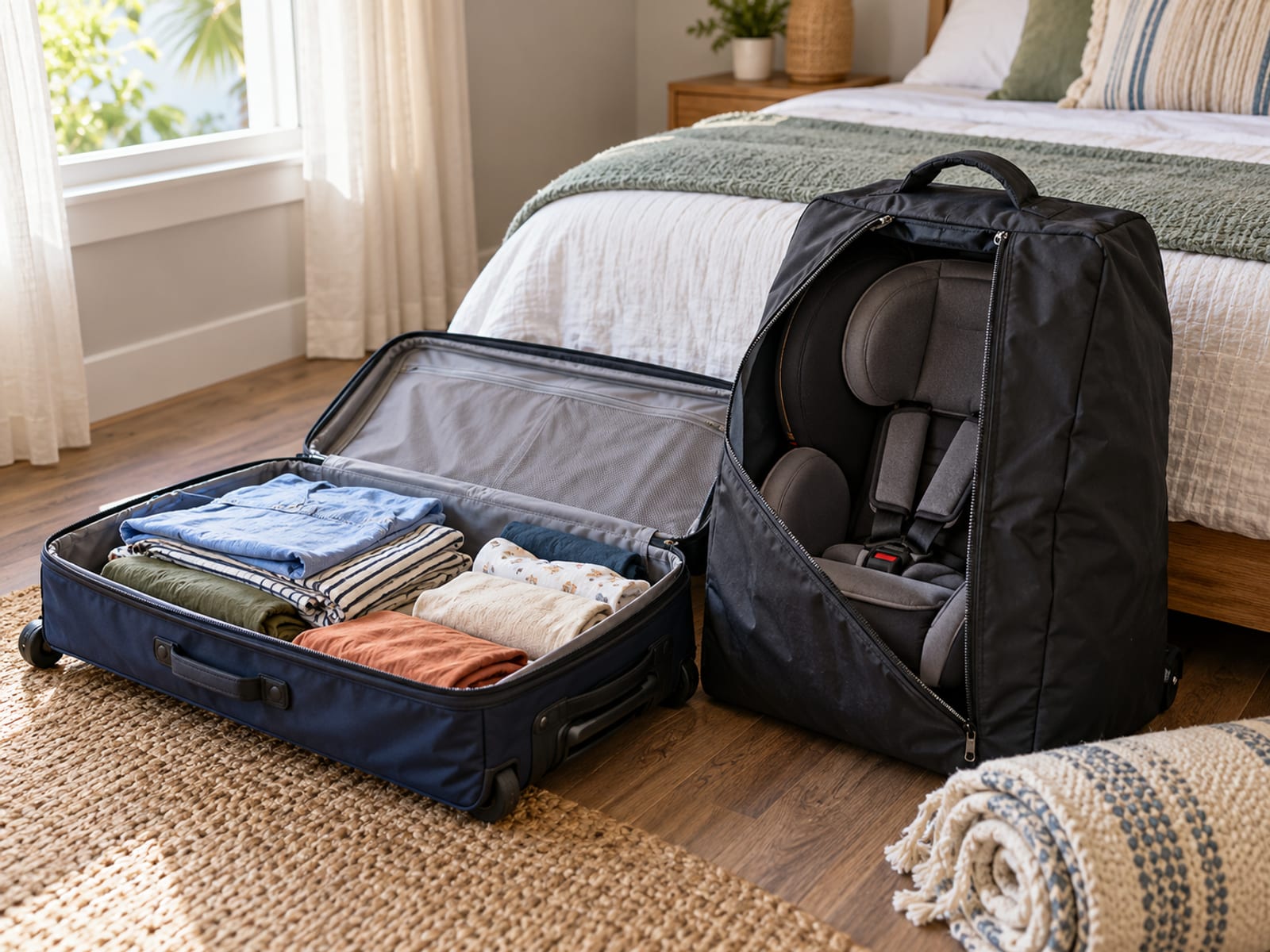 Open suitcase and a car seat in a padded travel bag on a bedroom floor, half packed