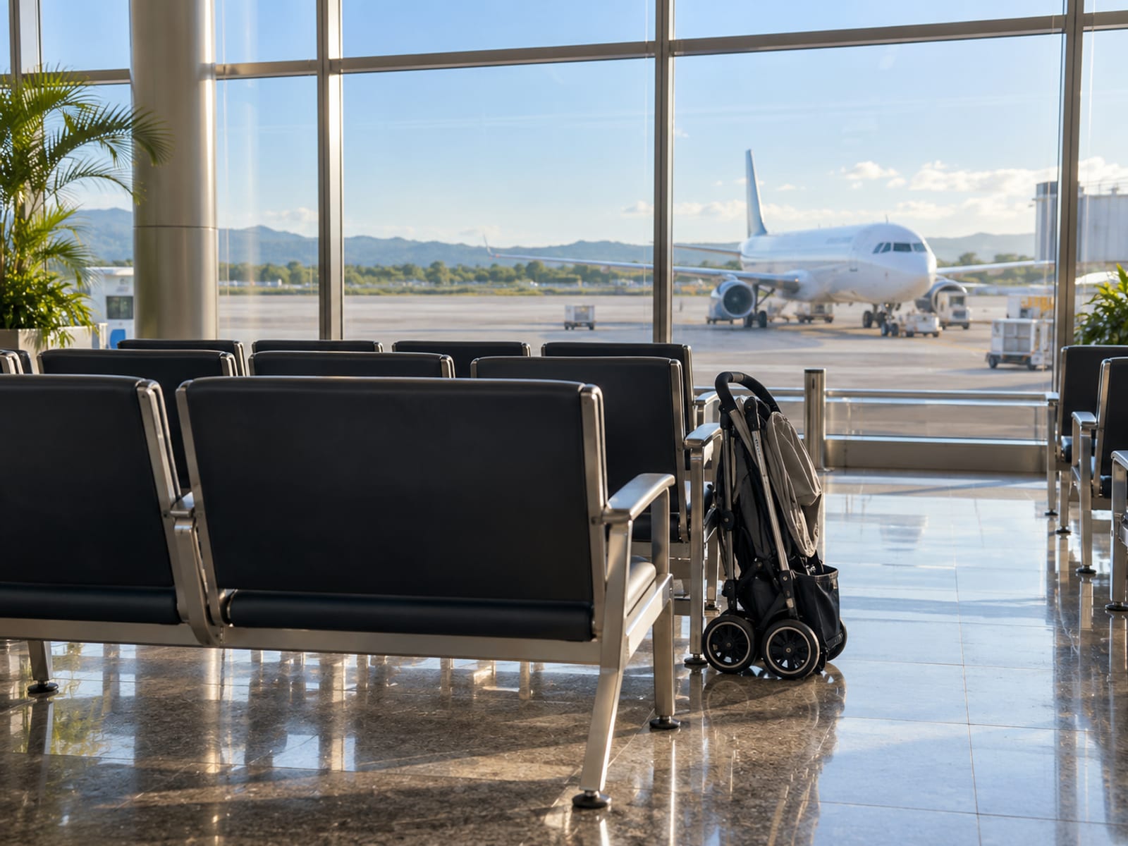 Airport waiting lounge with empty seats, a folded stroller beside a seat and a parked aircraft seen through the tall window