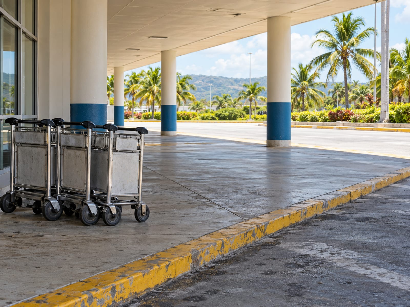 Covered concrete kerbside outside an airport arrivals building with a few empty trolleys and palms in bright light