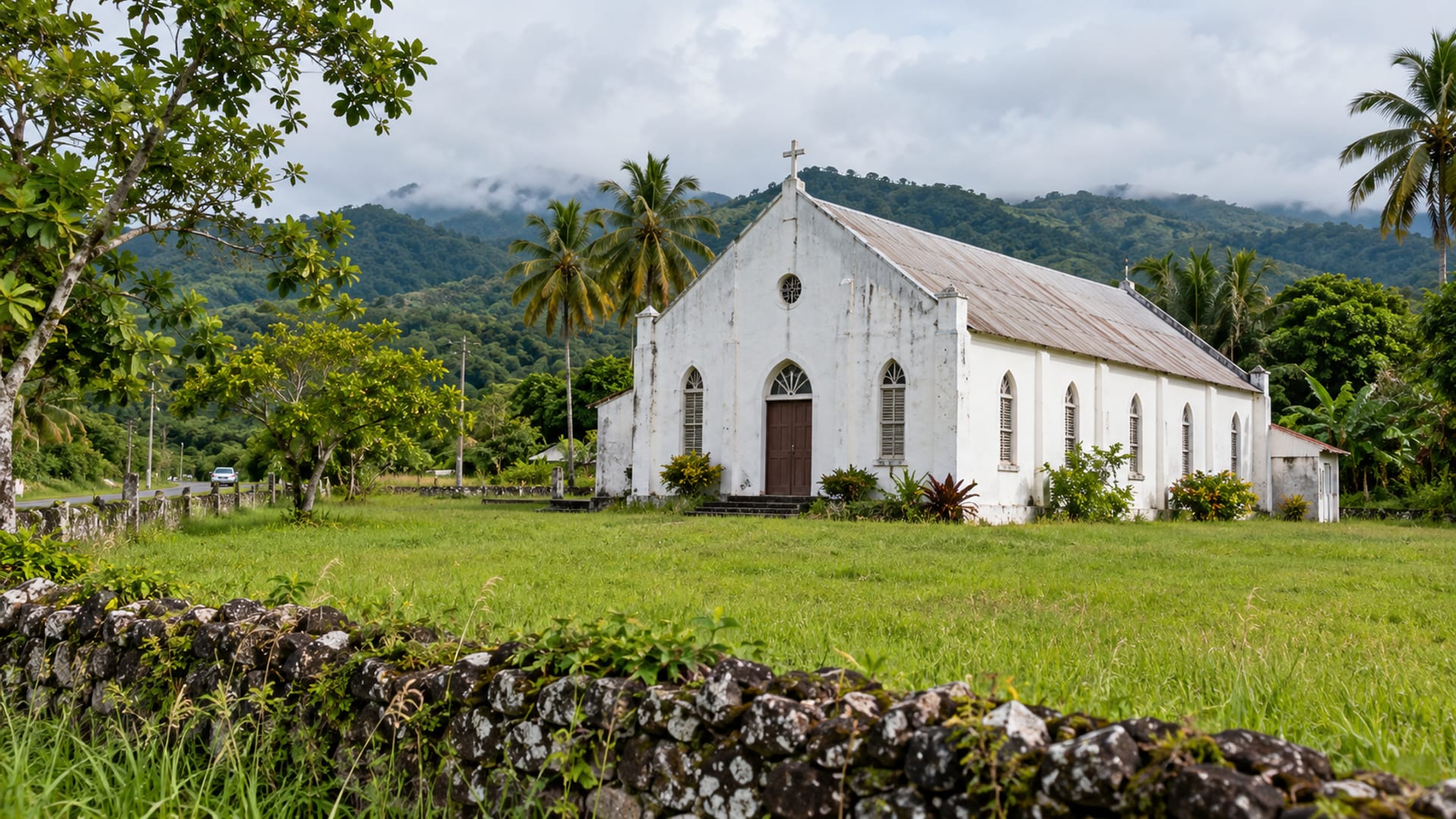 Small whitewashed country church seen from across a green field on a quiet hillside morning