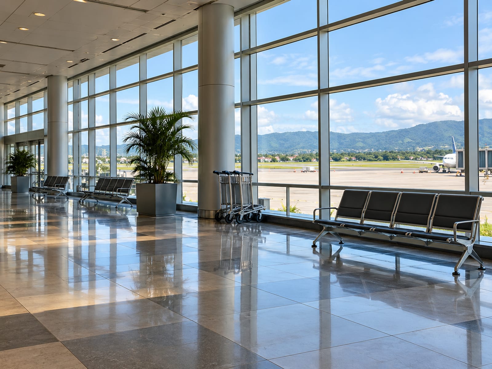 Empty airport concourse with plain benches and a glass wall showing bright daylight on the apron outside