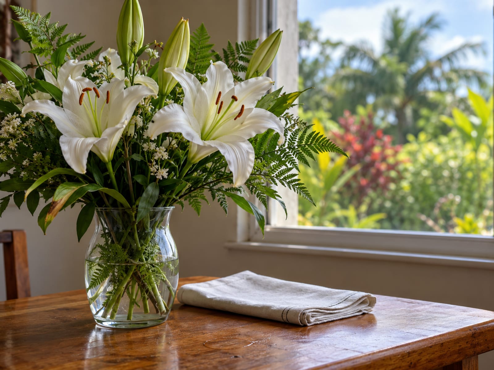 White lilies and green ferns in a plain glass vase on a wooden table beside a window