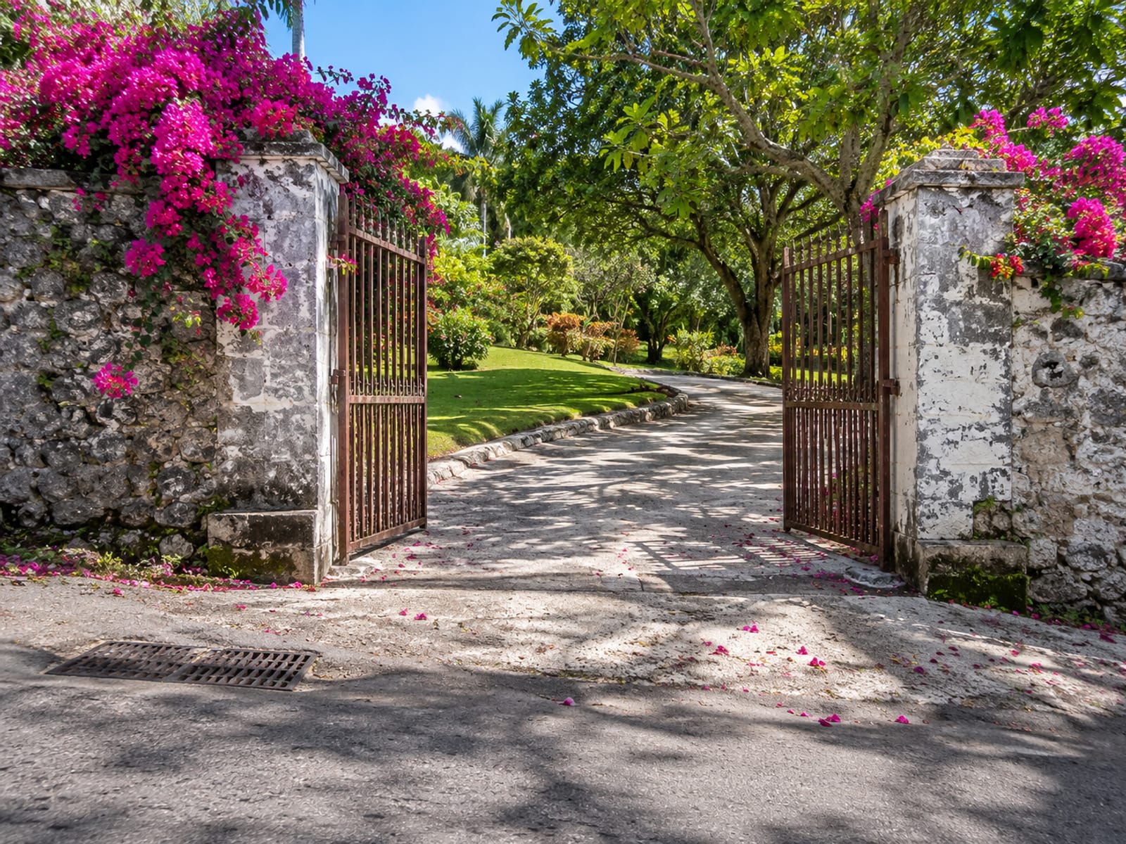 A plain open metal gate in a grey stone wall with bougainvillea spilling over it and a paved driveway leading inward.
