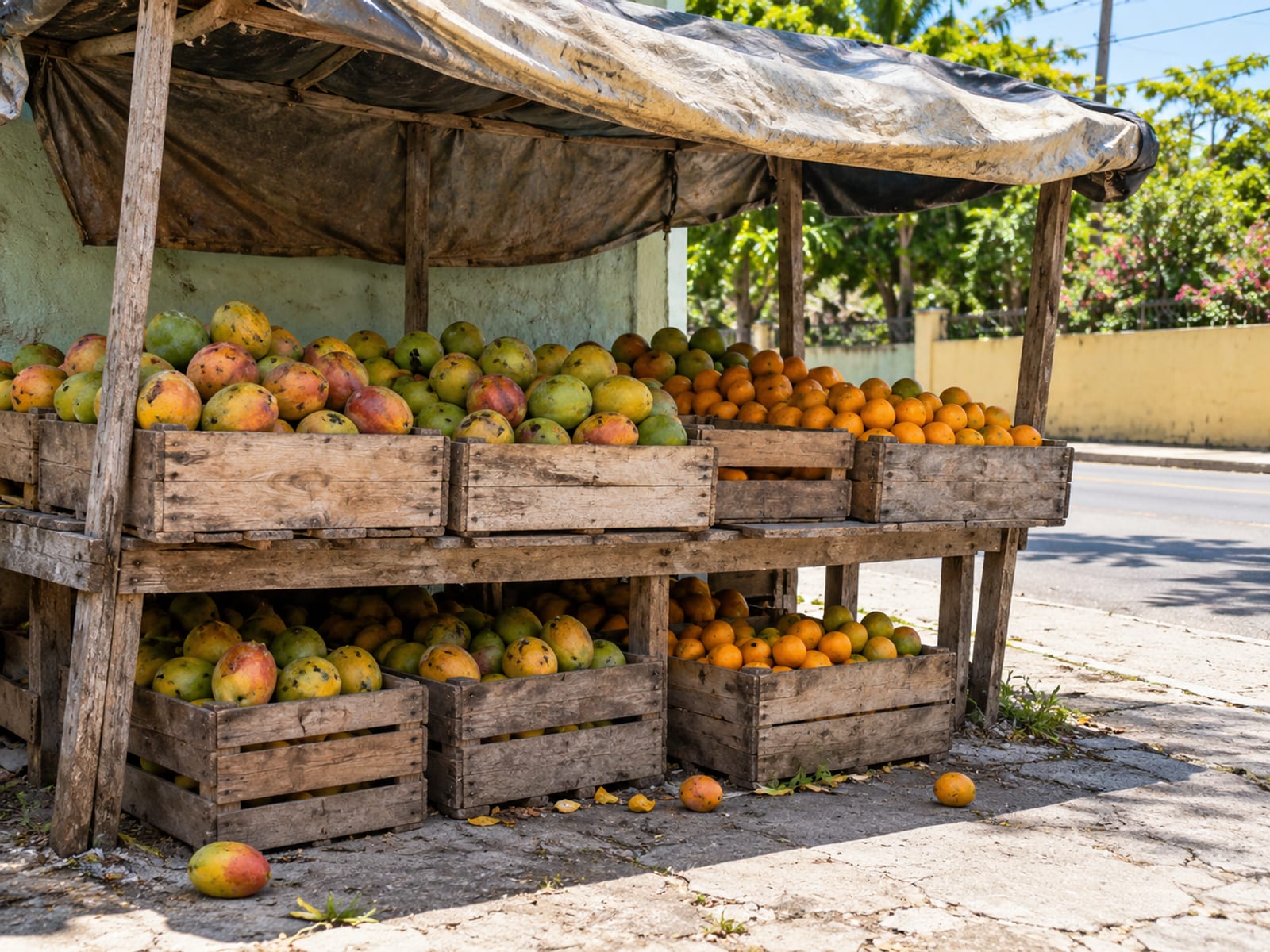 A covered empty wooden roadside stall with stacked crates of mangoes and oranges at a junction edge, with a plain wall behind.