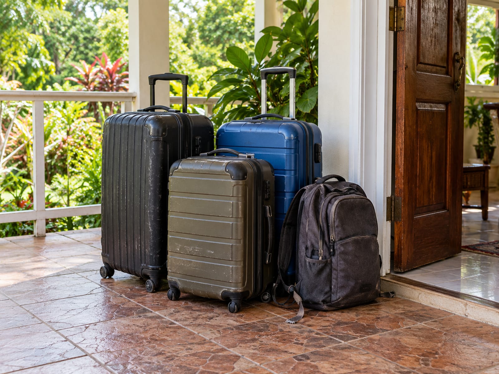 Three suitcases and a backpack standing together on a tiled verandah by a doorway, with a garden visible past the railing.
