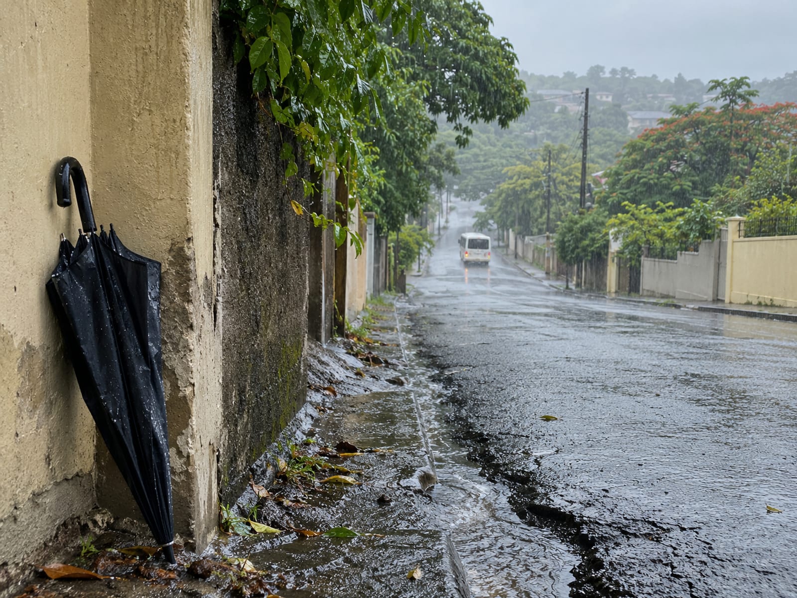 A wet hillside street in rain with a closed umbrella leaning against a wall and a tiny plain bus far down the road.