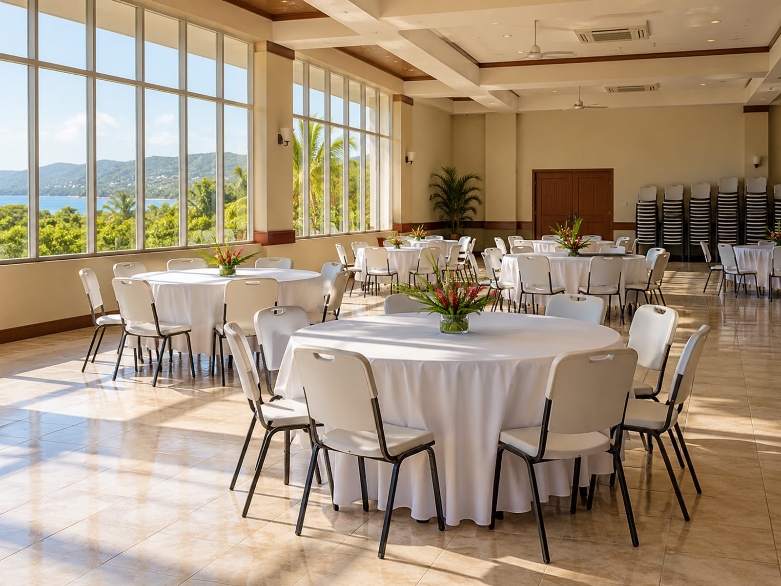 Empty function hall with round tables, stacked chairs and tall windows
