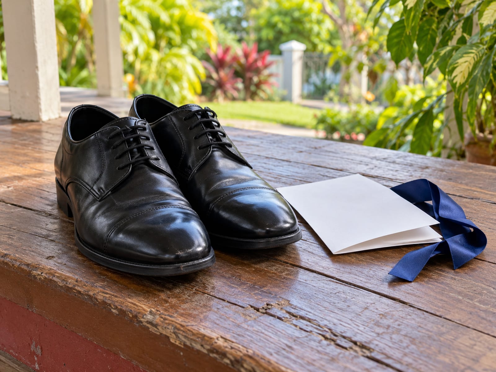 Pair of polished black dress shoes beside a folded blank sheet of paper and a ribbon on a wooden step