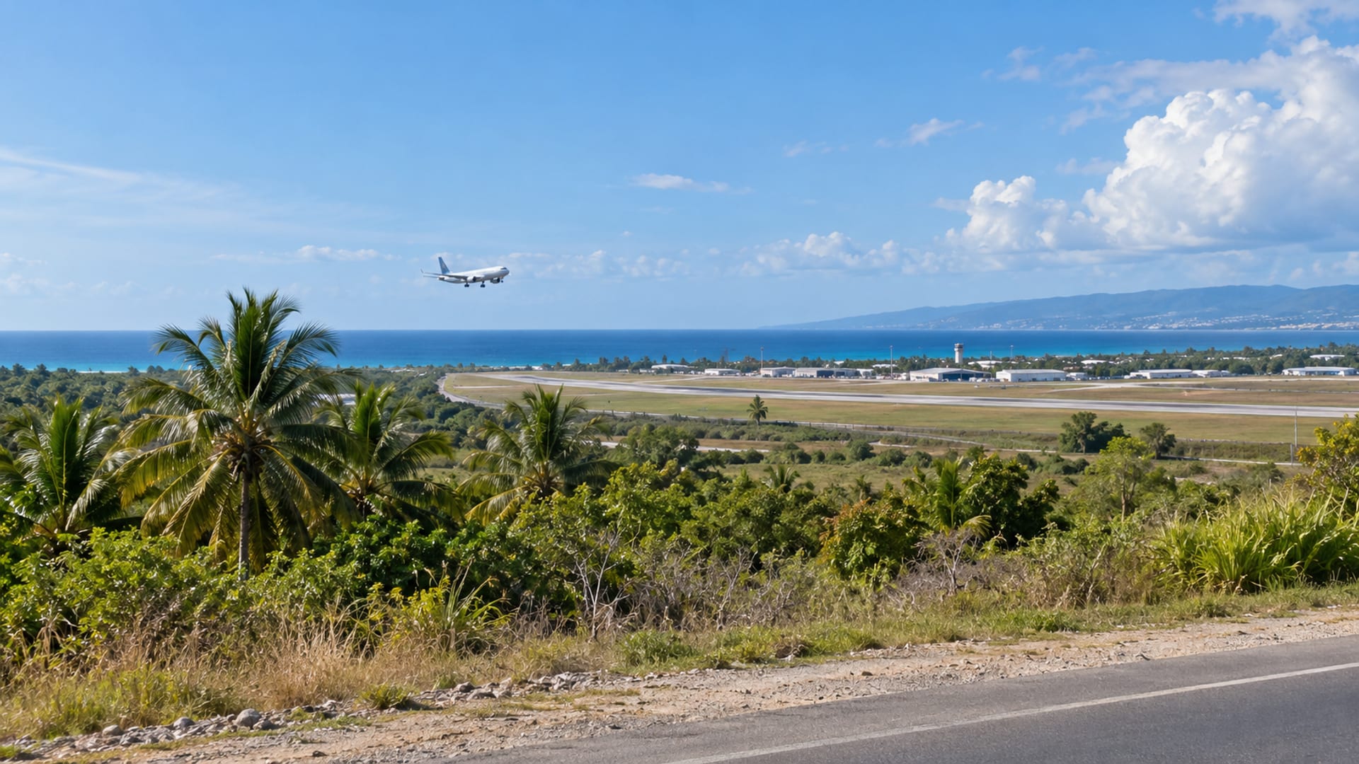 Wide coastal plain with a distant airstrip, a small aircraft on approach and the sea beyond, seen from a road verge