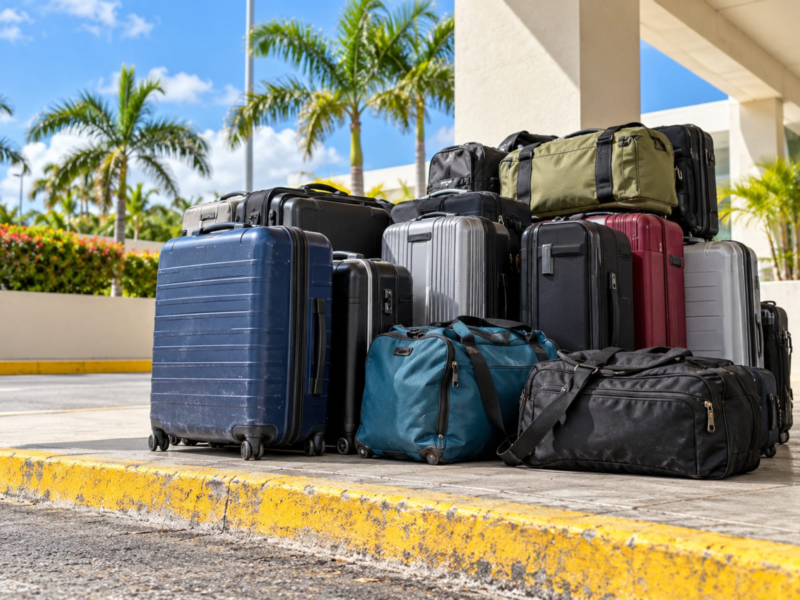 Mixed suitcases and duffel bags stacked on a concrete kerbside in bright daylight