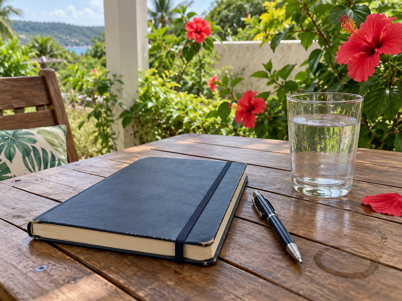 Veranda table with a closed notebook, a pen and a glass of water, a hibiscus garden blurred behind