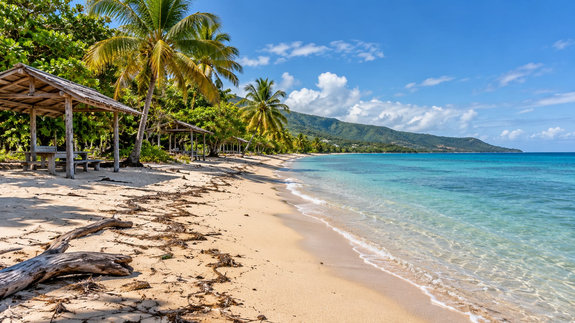 Wide calm beach with pale sand, shallow water, small wooden picnic shelters and palms under a clear sky