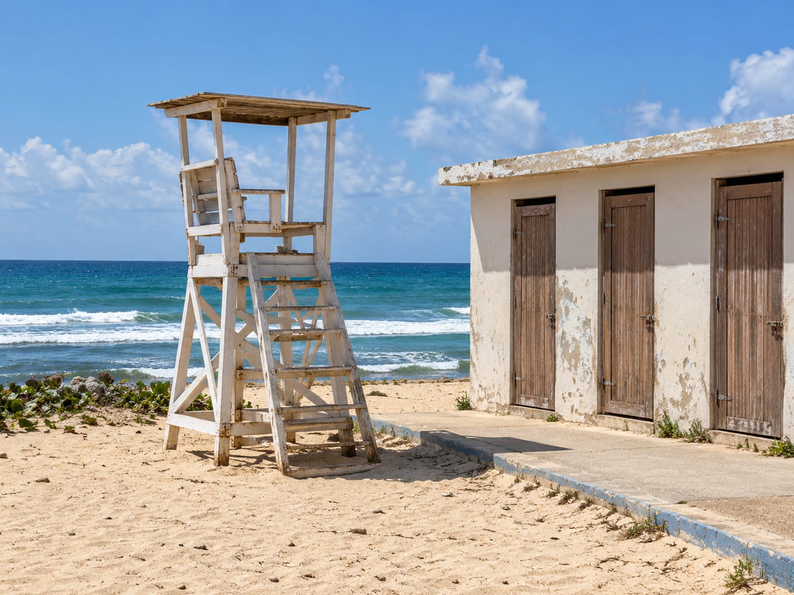 Empty wooden lifeguard chair beside plain concrete changing cubicles with wooden doors on a quiet beach