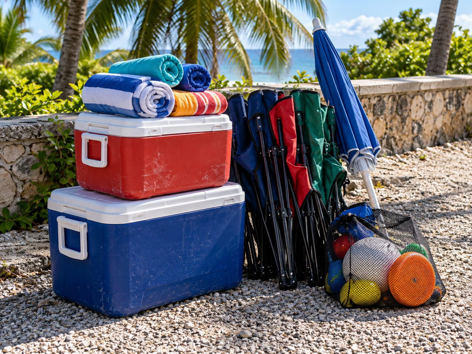 Coolers, folded chairs, a closed umbrella and rolled towels stacked together on gravel at the edge of a car park
