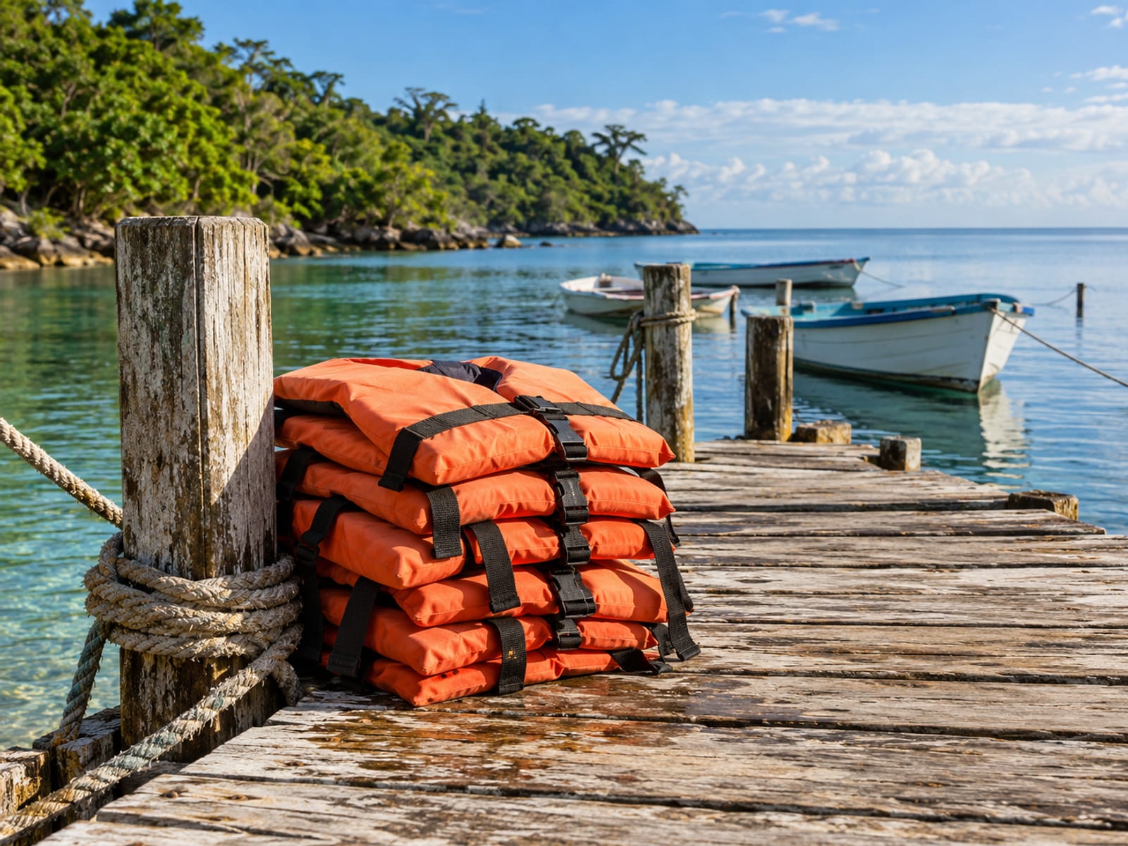 Pile of plain orange life jackets on a weathered wooden pier with small empty boats moored behind