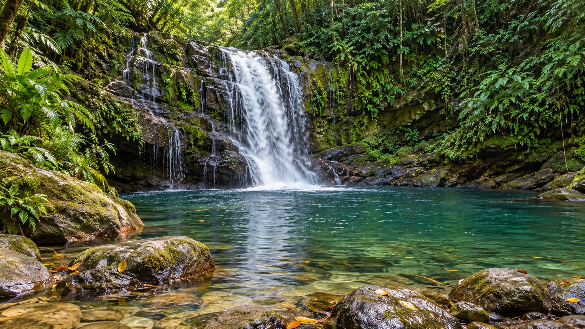 Gentle waterfall dropping into a calm pool within a green forested gorge in soft daylight