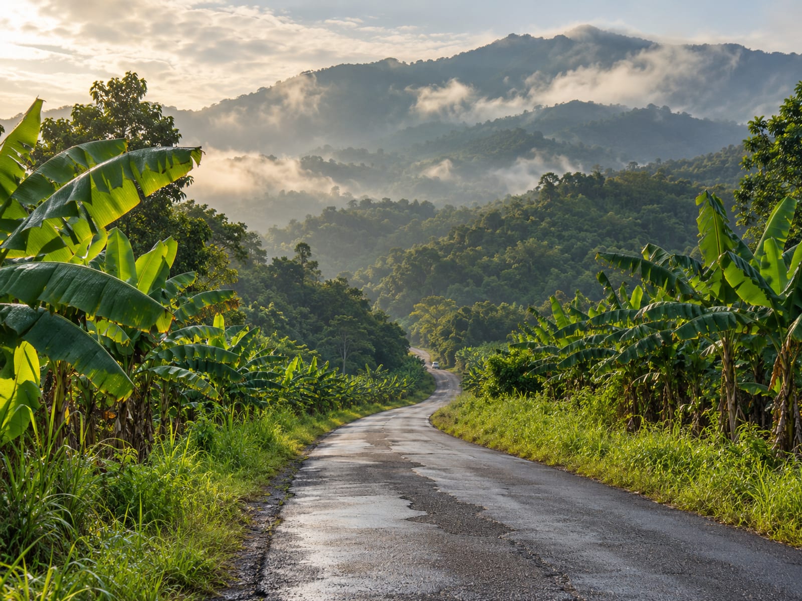 Narrow tarmac country road passing between banana plants and hills covered in morning mist