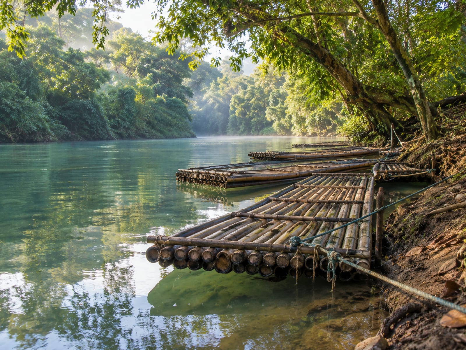 Several plain bamboo rafts moored empty along a calm green river bank with overhanging trees