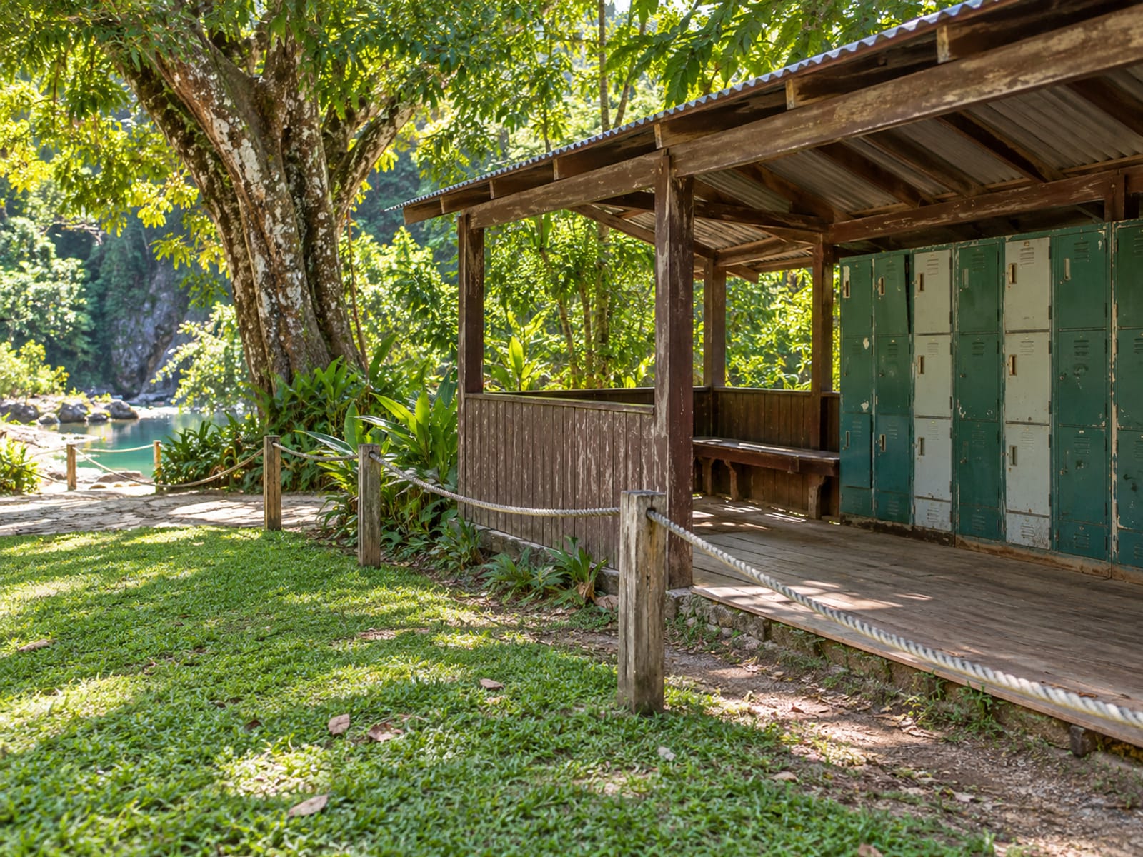 Rustic open sided wooden changing shelter with plain lockers beside a shaded grass area with a big tree