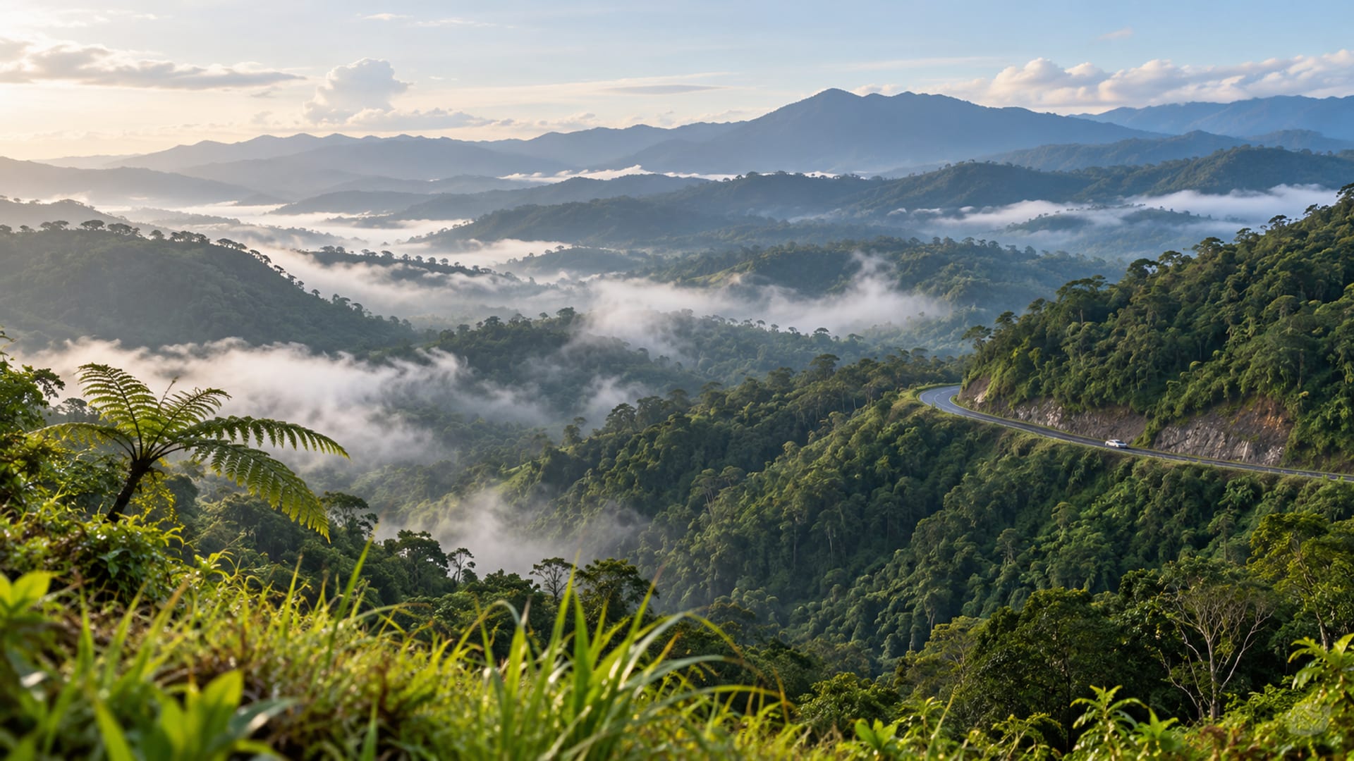 Layers of green hills in early morning mist above a quiet valley, with a narrow road winding along the slope and one small distant vehicle.