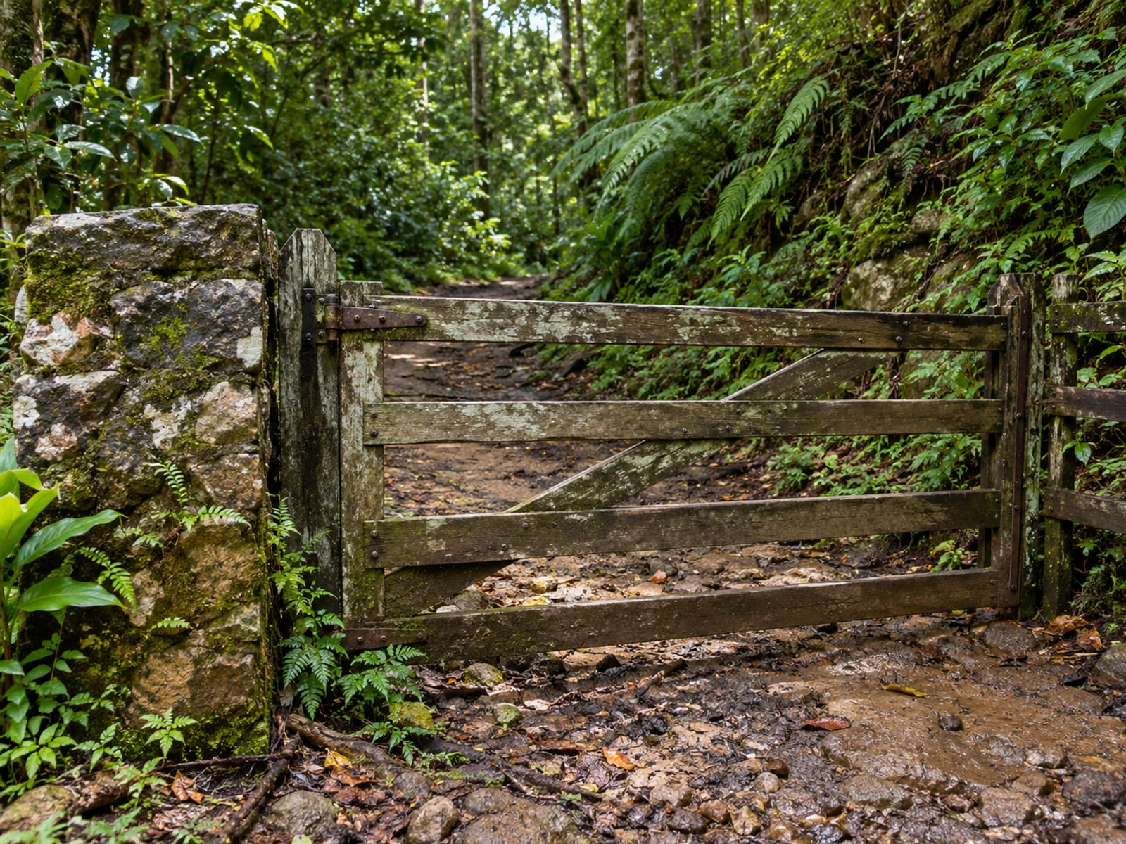 Closed rough wooden gate across a dirt path at the edge of a forest, with a stone post beside it and ferns beyond.