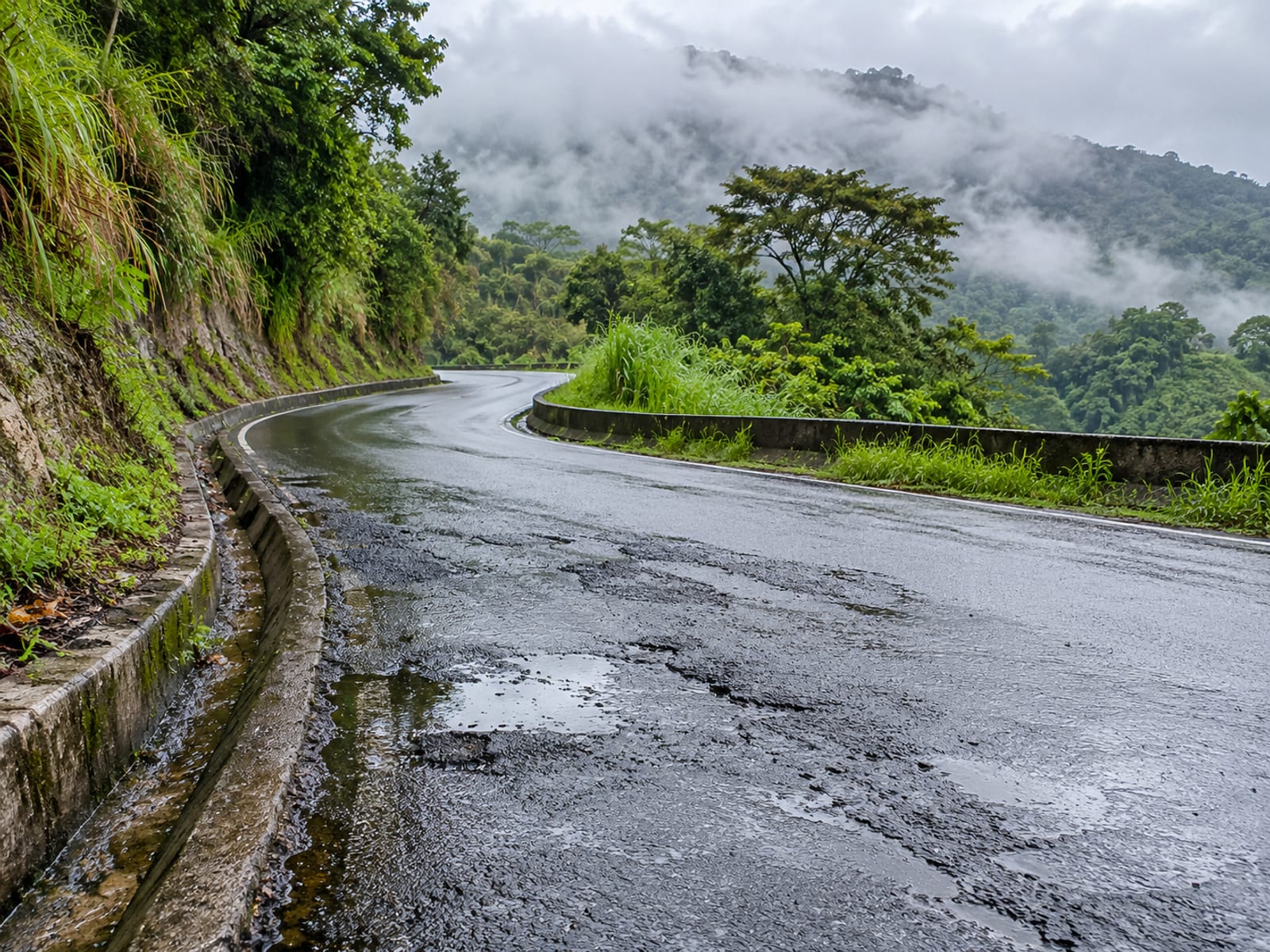 Wet narrow mountain road bending around a hillside with low cloud, grass verges and a steep drop on one side.