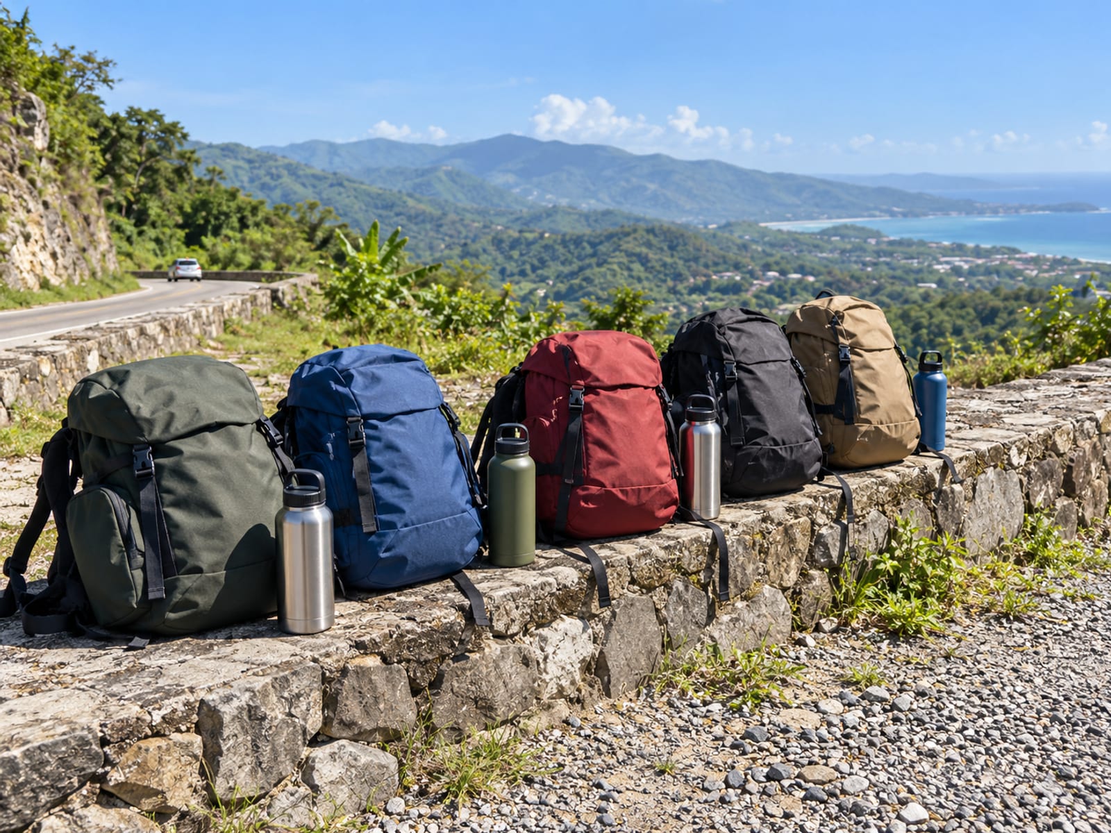Several plain daypacks and reusable water bottles resting on a low stone wall beside a gravel lay-by with hills behind.
