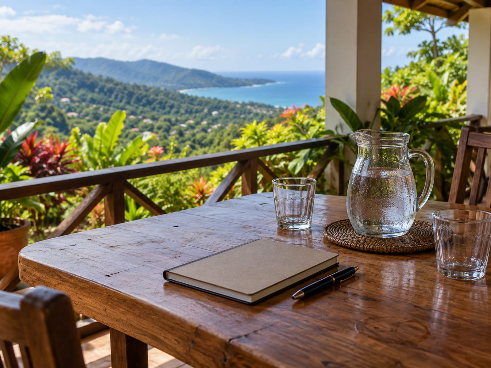 Plain wooden table on a veranda with a closed notebook, a pen and a water jug, with garden and hills in soft focus behind.