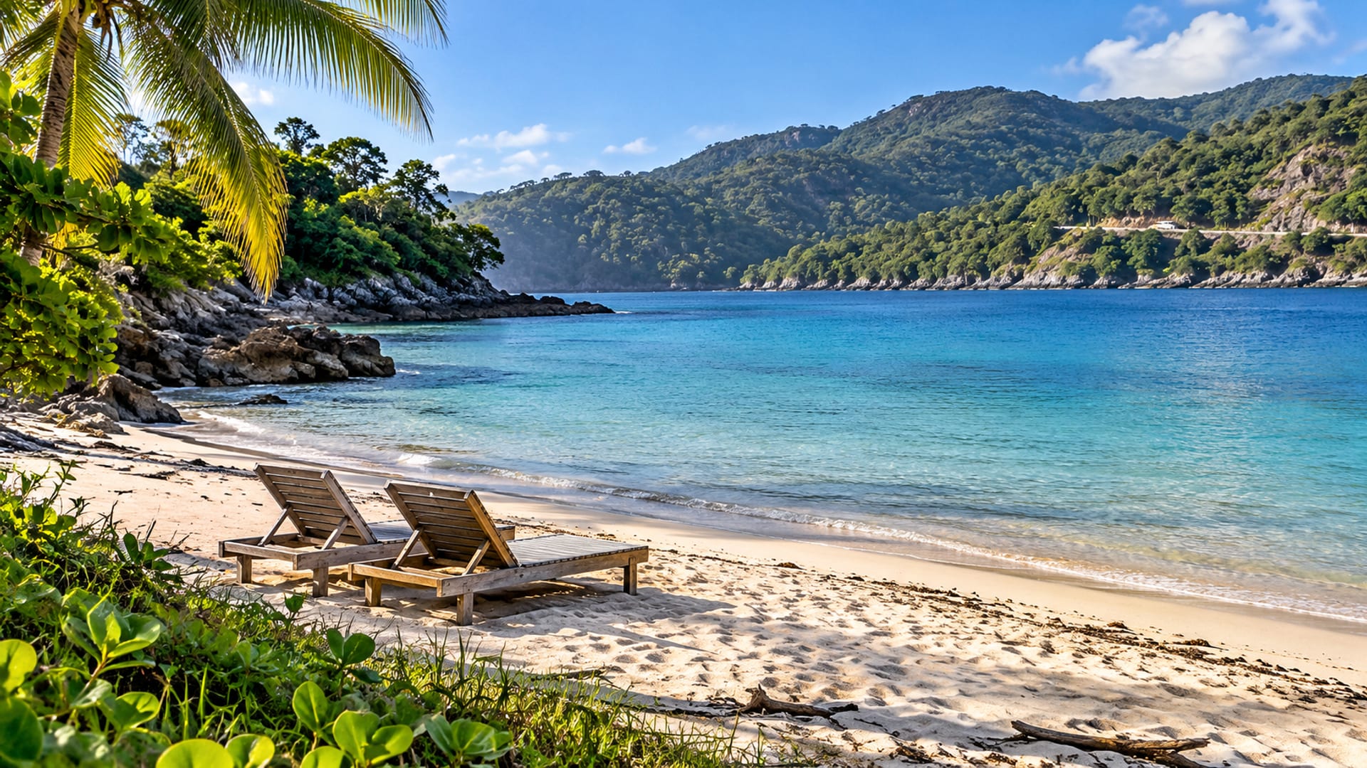 Calm turquoise cove with two empty wooden loungers on pale sand and green hills on the far side