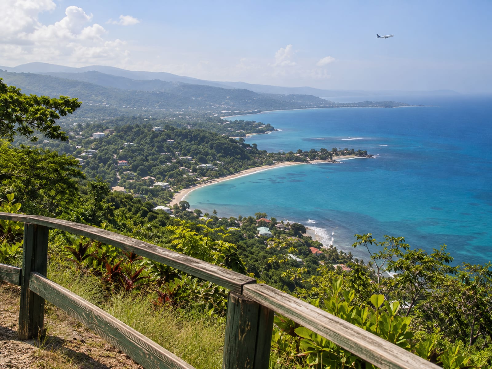 Curved sandy bay viewed from a hillside lookout with a faint aircraft high in the hazy sky