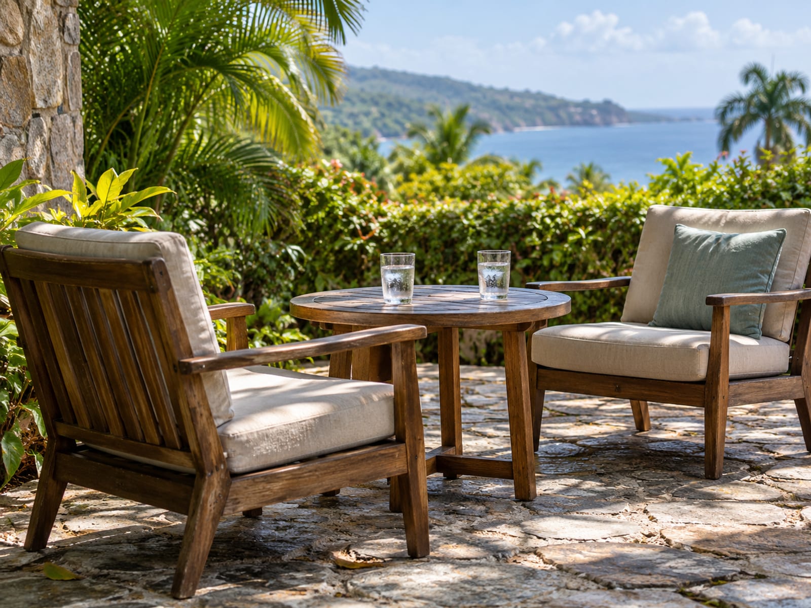 Two empty cushioned chairs and a small table with two glasses of water on a quiet terrace with palms beyond