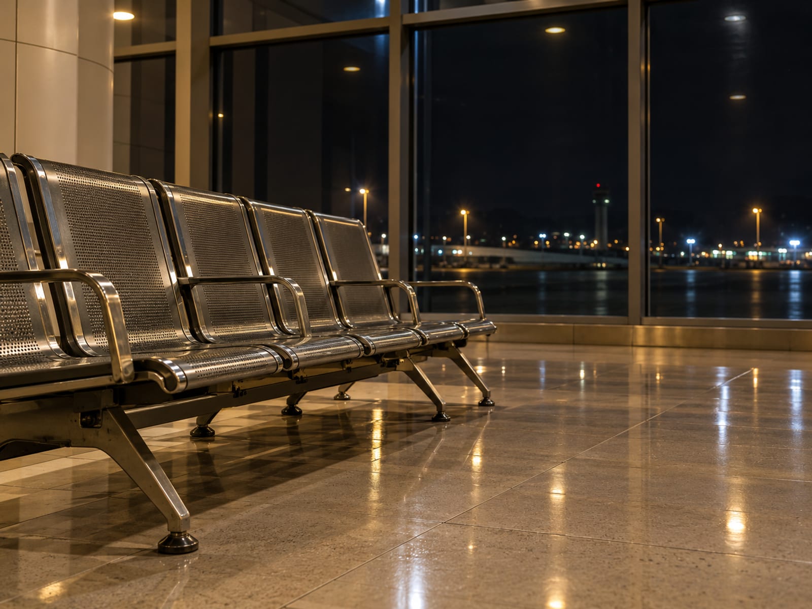 Row of empty metal seats in a dim quiet hall at night with a dark window showing distant apron lights