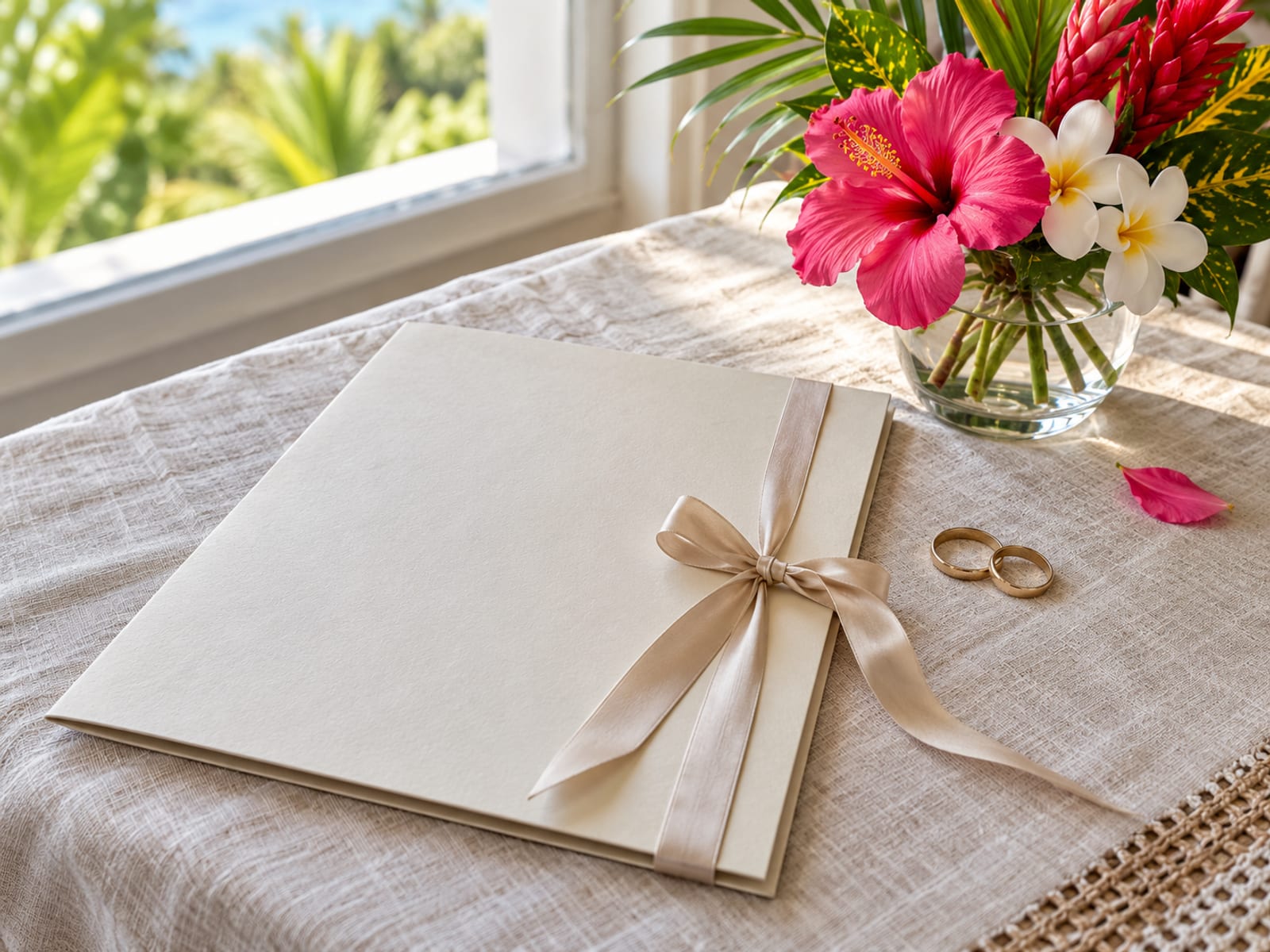 Closed plain folder with a ribbon and two simple rings on pale linen beside a small vase of flowers