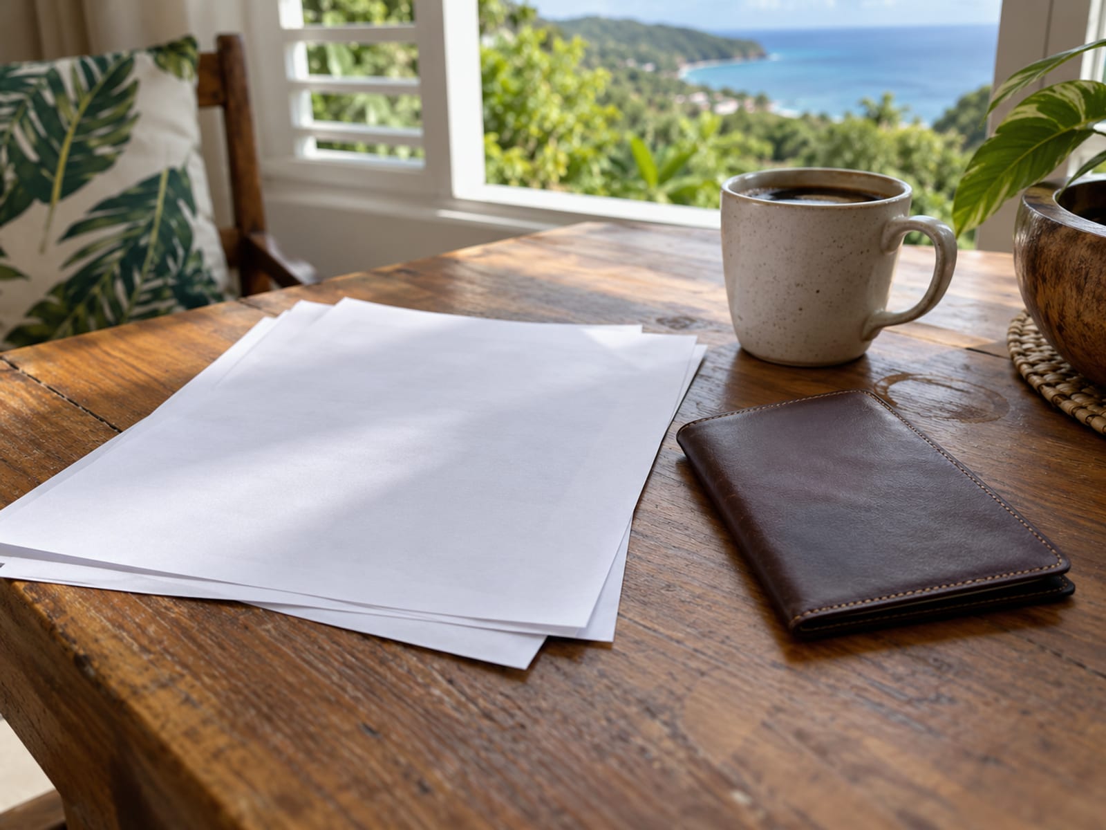 A travel wallet and itinerary beside a coffee cup