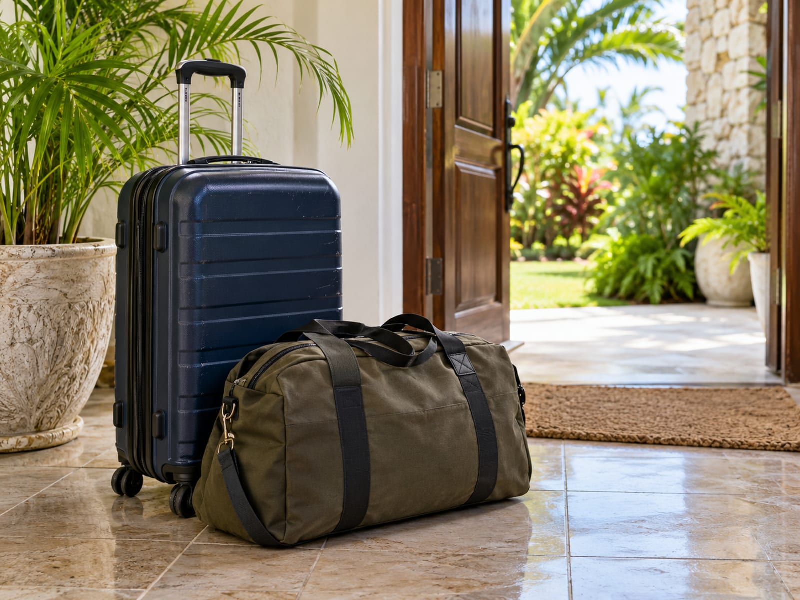 A packed suitcase and bag by a villa door