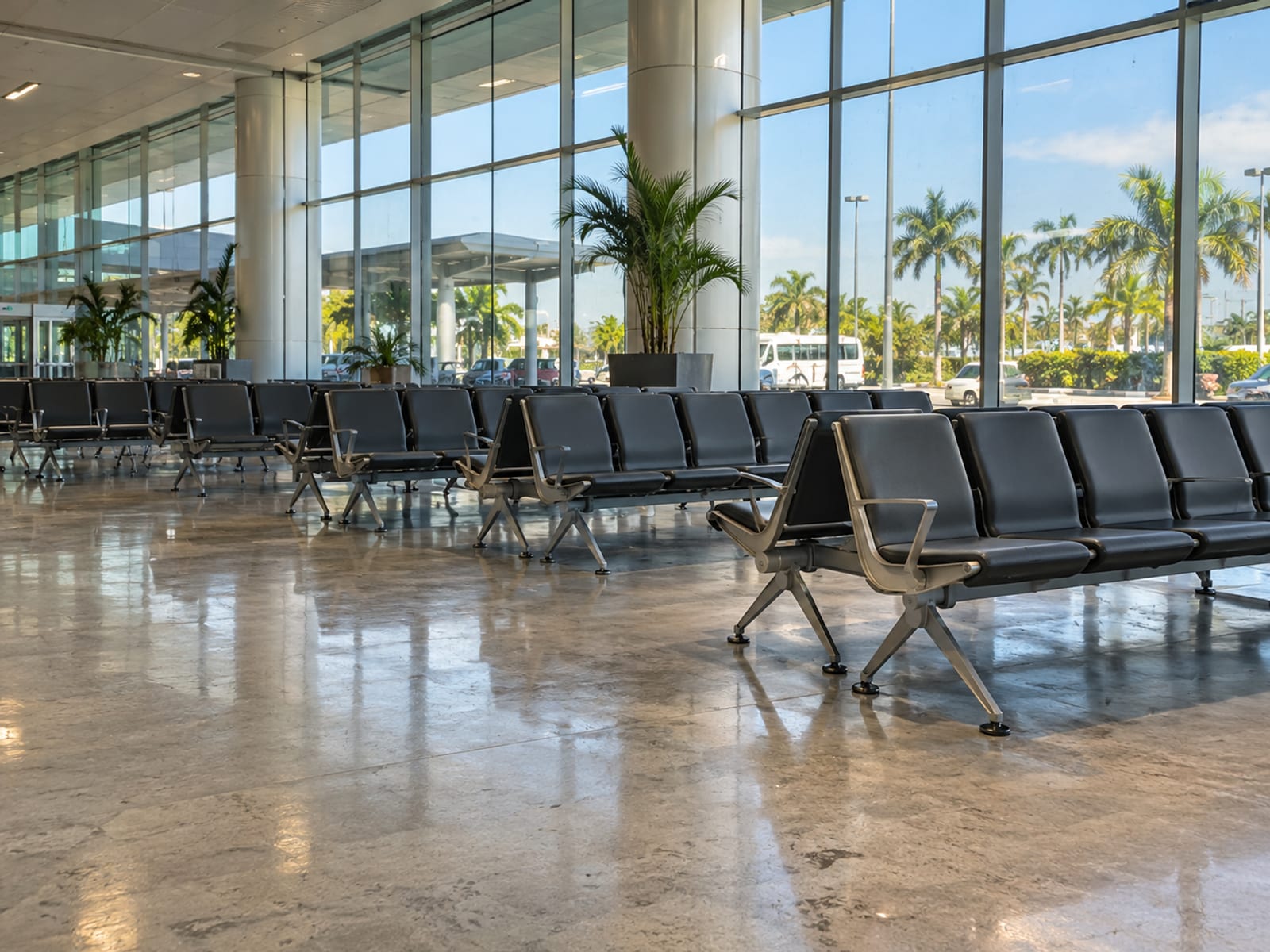 An empty airport ground transportation hall in the early morning