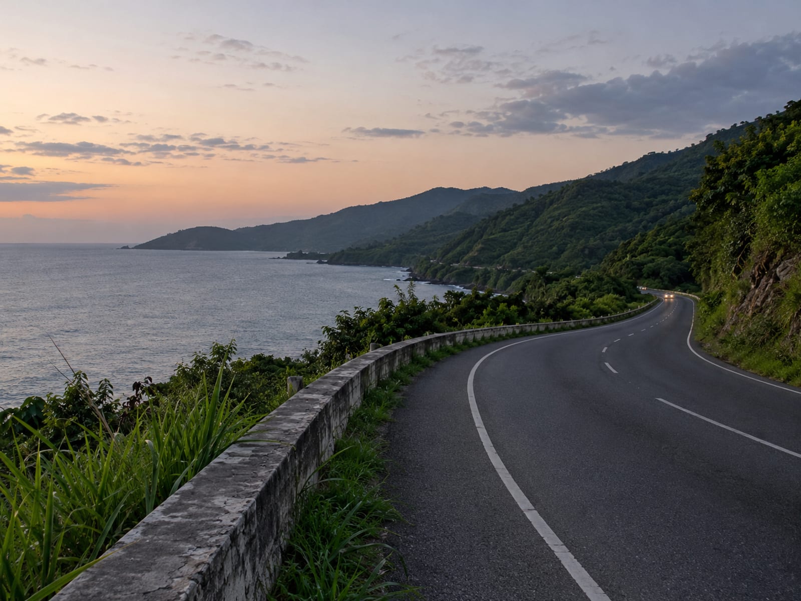 A winding coastal road at dusk with distant headlights