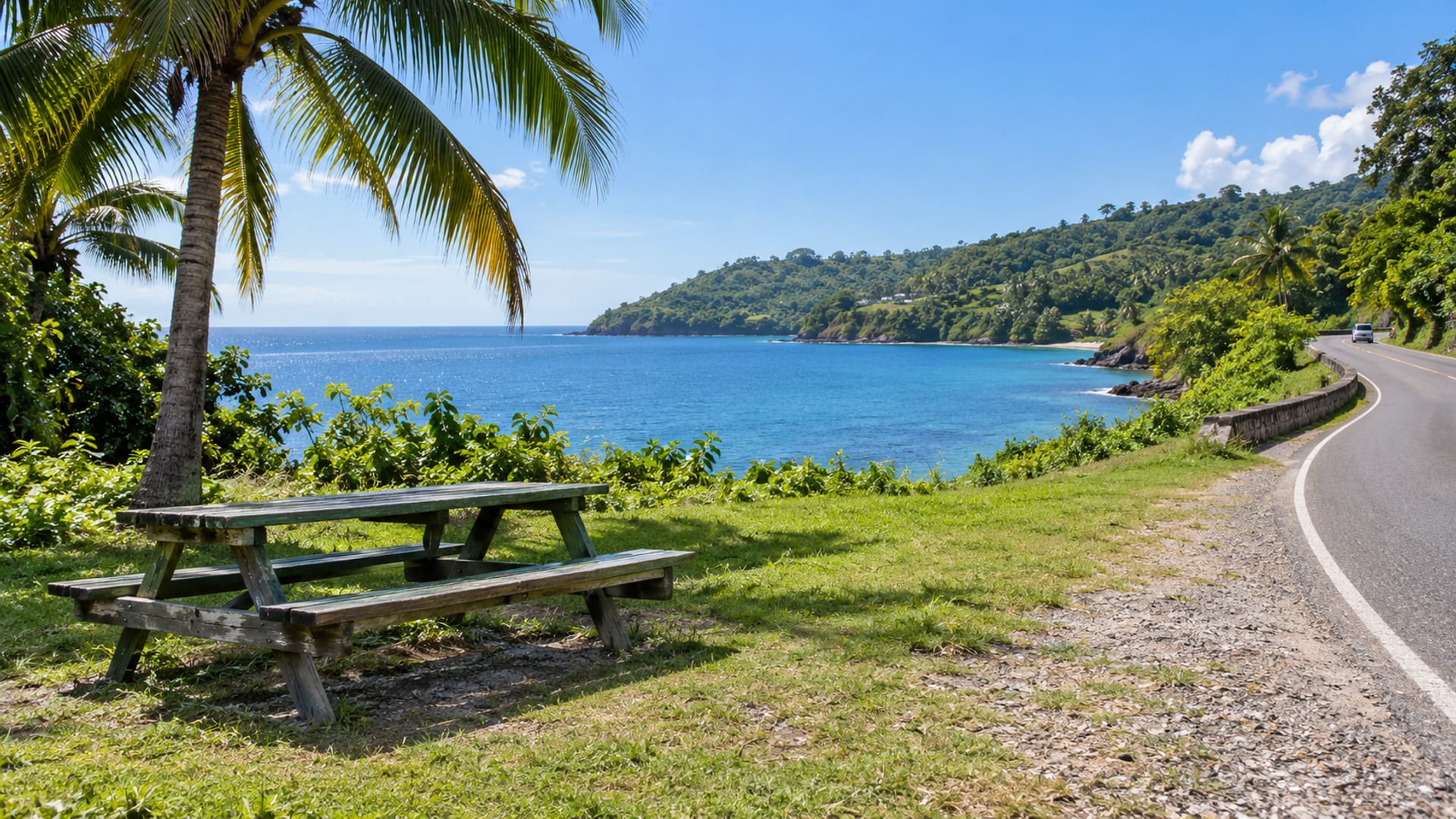 Grassy roadside layby with a plain wooden picnic bench facing a calm blue bay and palm trees