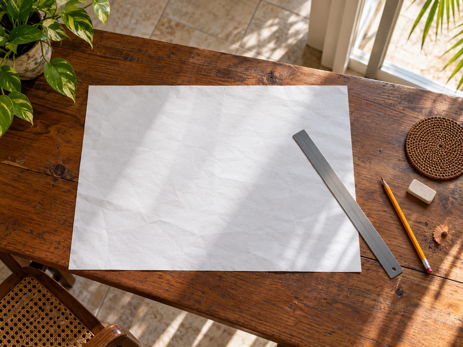Wooden table with a large blank sheet of paper, a pencil, a ruler and an eraser, seen from above
