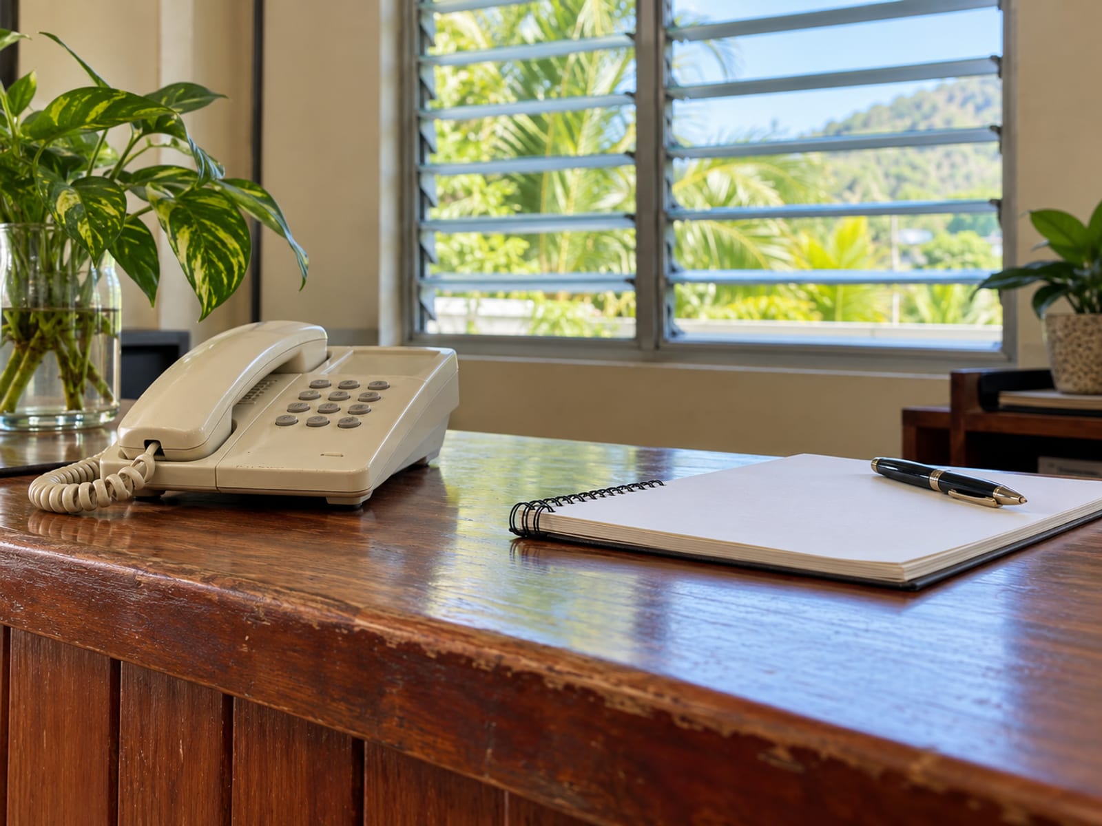 Cream desk telephone on a wooden counter beside a blank notepad and a pen in a quiet office