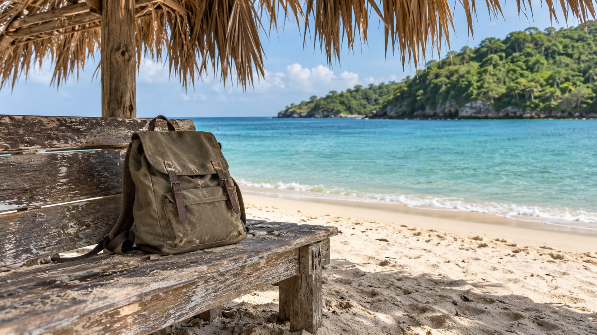 A small canvas backpack on a wooden bench under a thatched shade with calm turquoise water and a sandy shore behind